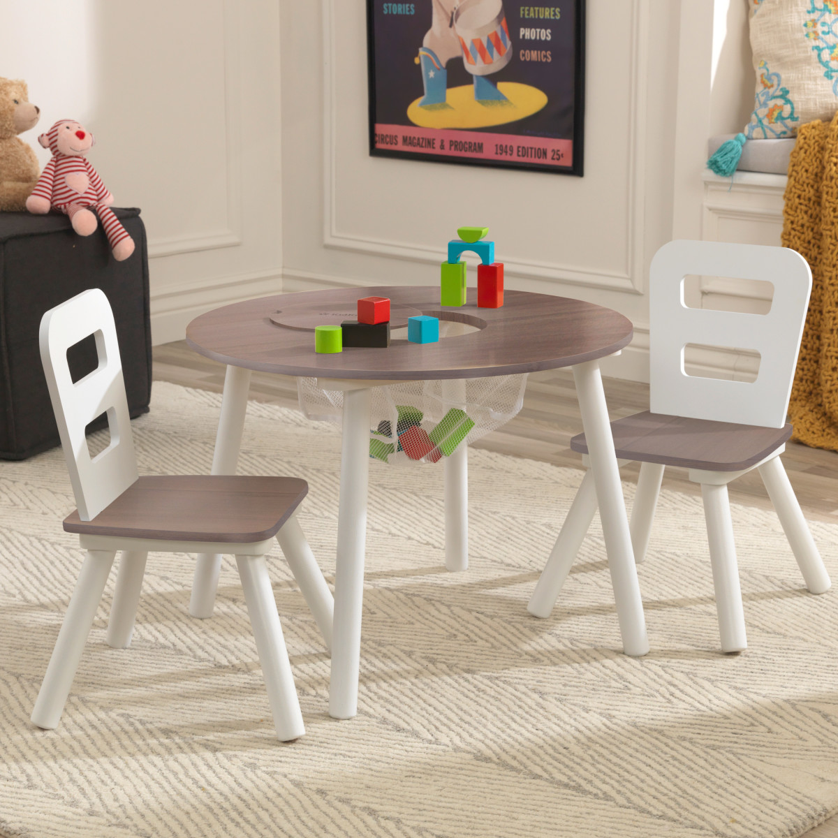 Kidkraft Wooden Round Storage Table And 2 Chairs Set - Gray Ash - Toy ...